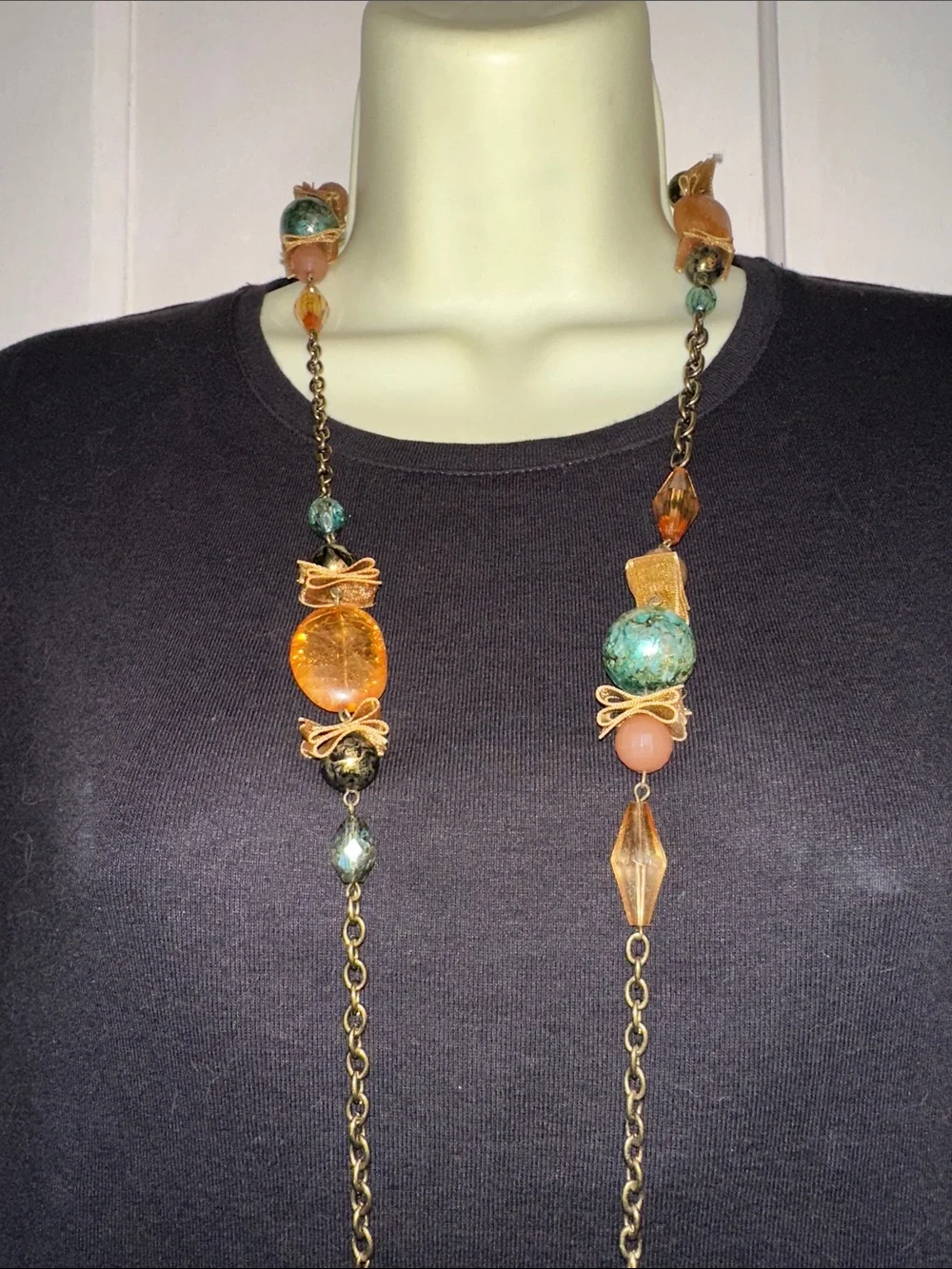 Boho Long Beaded Statement Mixed Media Necklace -Green, Gold & Turquoise